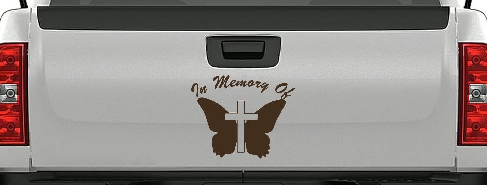 In Memory Of Butterfly with Cross Car or Truck Vinyl Window Decal Sticker (Brown)