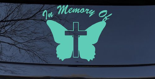 In Memory Of Butterfly with Cross Christian Car or Truck Window Decal Sticker (Mint)