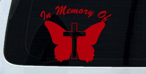In Memory Of Butterfly with Cross Christian Car or Truck Window Decal Sticker (Red)