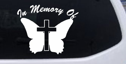 In Memory Of Butterfly with Cross Christian Car or Truck Window Decal Sticker (White)