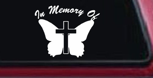 In Memory Of Butterfly with Cross Christian Car or Truck Window Decal Sticker (White)