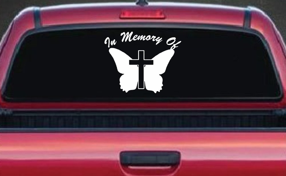 In Memory Of Butterfly with Cross Christian Car or Truck Window Decal Sticker (White)