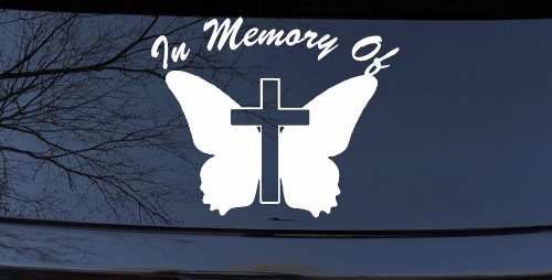 In Memory Of Butterfly with Cross Christian Car or Truck Window Decal Sticker (White)