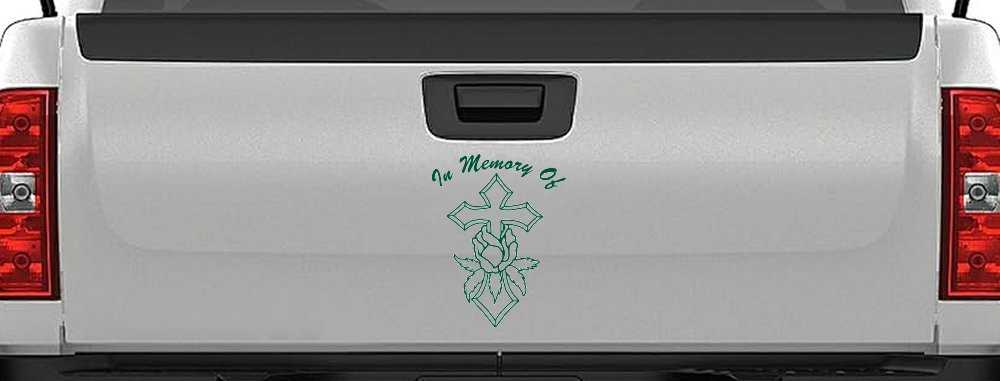 In Memory Of Rose and Cross Christian Car or Truck Window Decal Sticker (Dark Green)