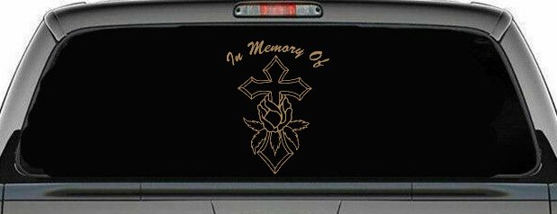 In Memory Of Rose and Cross Christian Car or Truck Window Decal Sticker (Light Brown)