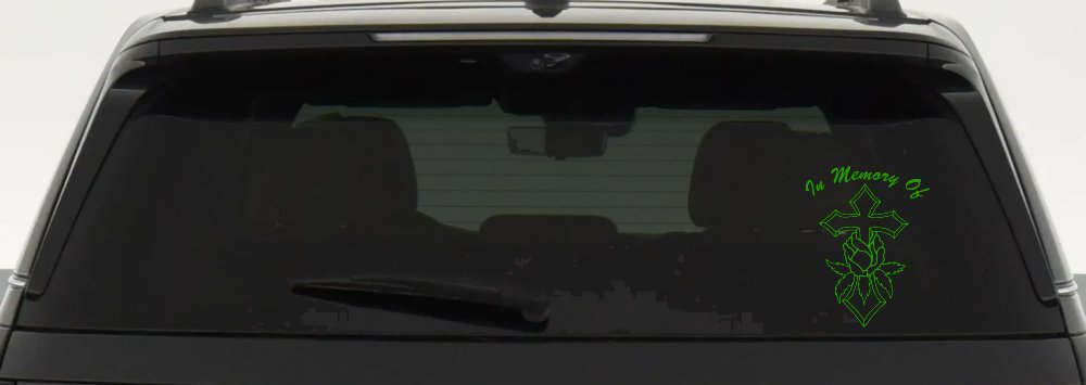 In Memory Of Rose and Cross Christian Car or Truck Window Decal Sticker (Lime)