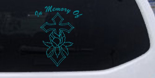 In Memory Of Rose and Cross Christian Car or Truck Window Decal Sticker (Turquoise Blue)