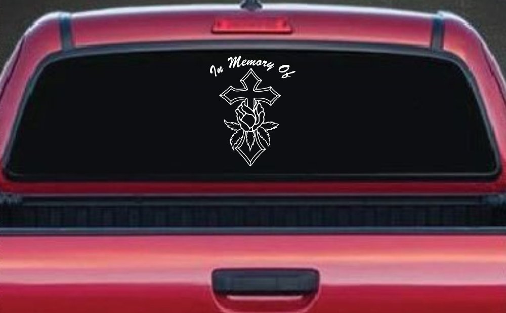 In Memory Of Rose and Cross Car or Truck Vinyl Window Decal Sticker (White)