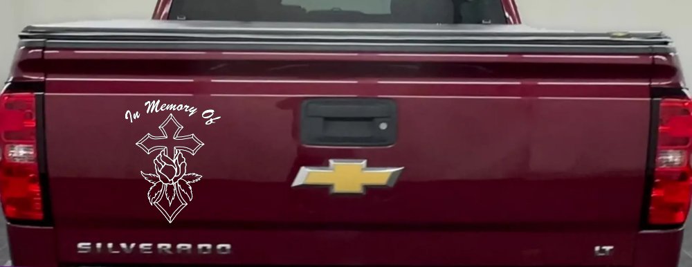 In Memory Of Rose and Cross Christian Car or Truck Window Decal Sticker (White)
