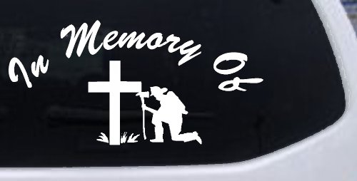 In Memory Of Fireman at Cross Car or Truck Vinyl Window Decal Sticker (White)