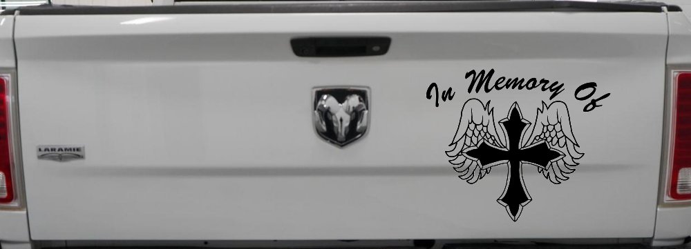 In Memory Of Cross with Wings Christian Car or Truck Window Decal Sticker (Black)