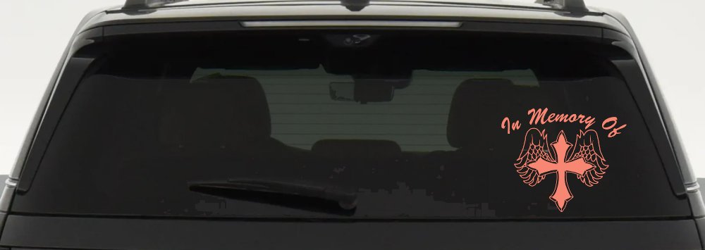 In Memory Of Cross with Wings Christian Car or Truck Window Decal Sticker (Coral)