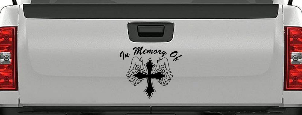 In Memory Of Cross with Wings Christian Car or Truck Window Decal Sticker (Matte Black)