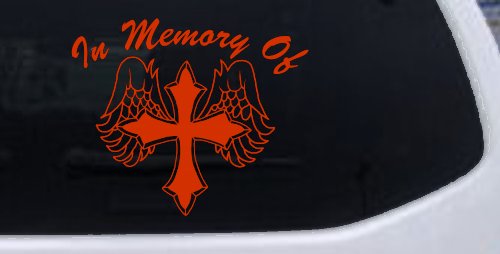 In Memory Of Cross with Wings Car or Truck Vinyl Window Decal Sticker (Orange Red)