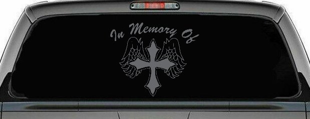 In Memory Of Cross with Wings Christian Car or Truck Window Decal Sticker (Silver)