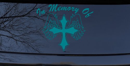 In Memory Of Cross with Wings Car or Truck Vinyl Window Decal Sticker (Turquoise Blue)