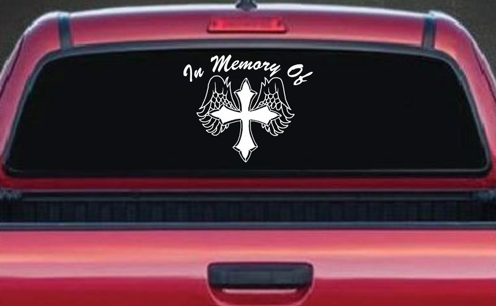 In Memory Of Cross with Wings Christian Car or Truck Window Decal Sticker (White)