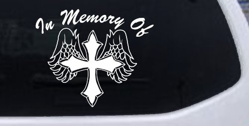 In Memory Of Cross with Wings Christian Car or Truck Window Decal Sticker (White)