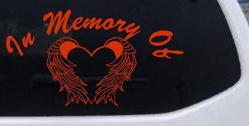In Memory Of Heart With Wings Christian Car or Truck Window Decal Sticker (Orange Red)