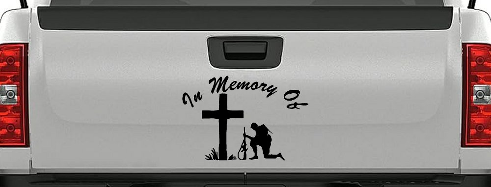 In Memory Of Troop at Cross Military Car or Truck Window Decal Sticker (Black)