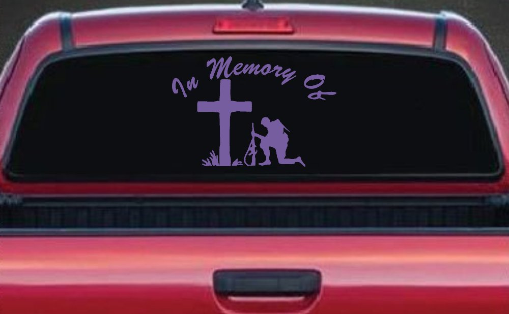 In Memory Of Troop at Cross Military Car or Truck Window Decal Sticker (Purple)