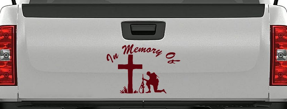 In Memory Of Troop at Cross Military Car or Truck Window Decal Sticker (Purple Red)