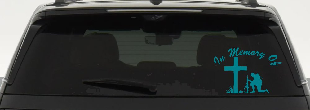 In Memory Of Troop at Cross Military Car or Truck Window Decal Sticker (Turquoise Blue)
