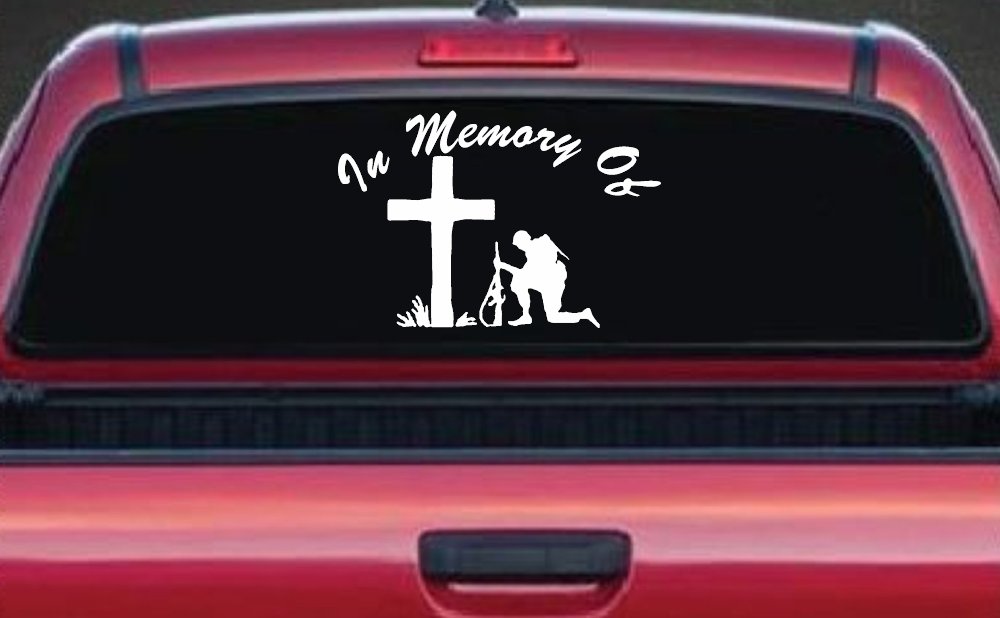 In Memory Of Troop at Cross Military Car or Truck Window Decal Sticker (White)