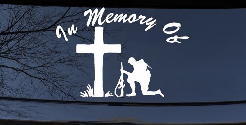 In Memory Of Troop at Cross Military Car or Truck Window Decal Sticker (White)