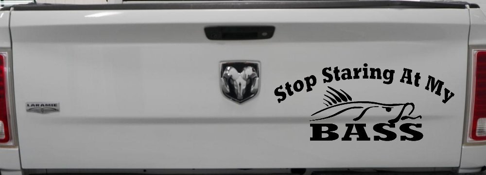 Stop Staring At My Bass Funny Fishing Car or Truck Window Decal Sticker (Black)