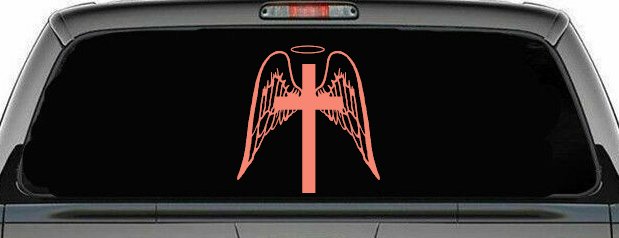 Angel Wings Cross Halo Christian Car or Truck Window Decal Sticker (Coral)