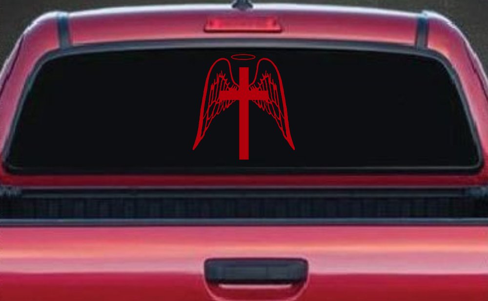 Angel Wings Cross Halo Christian Car or Truck Window Decal Sticker (Red)