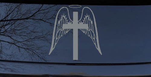 Angel Wings Cross Halo Christian Car or Truck Window Decal Sticker (Telegrey)