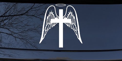 Angel Wings Cross Halo Christian Car or Truck Window Decal Sticker (White)