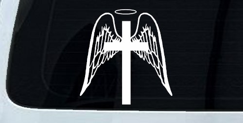 Angel Wings Cross Halo Christian Car or Truck Window Decal Sticker (White)