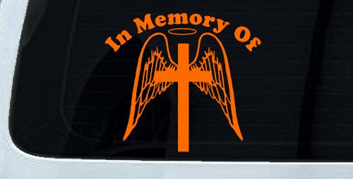 Angel Wings Cross Halo In Memory Christian Car or Truck Window Decal Sticker (Orange)