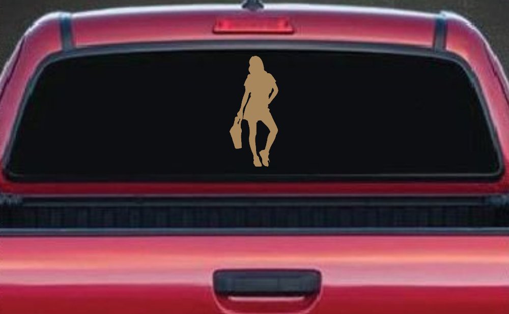 Girl Woman Shopping Decal for Car or Truck Window Vinyl Sticker (Light Brown)