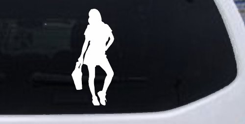 Girl Woman Shopping Car or Truck Window Decal Sticker (White)
