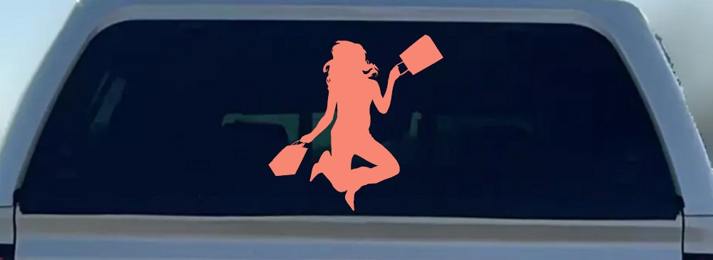 Happy Jumping Girl Woman Shopping Car or Truck Window Decal Sticker (Coral)