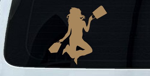 Happy Jumping Girl Woman Shopping Car or Truck Window Decal Sticker (Light Brown)