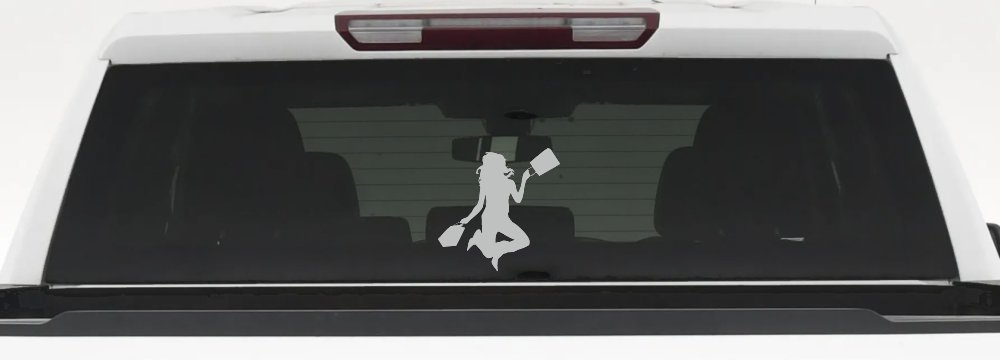 Happy Jumping Girl Woman Shopping Car or Truck Window Decal Sticker (Light Gray)