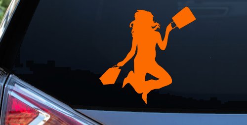 Happy Jumping Girl Woman Shopping Car or Truck Window Decal Sticker (Orange)