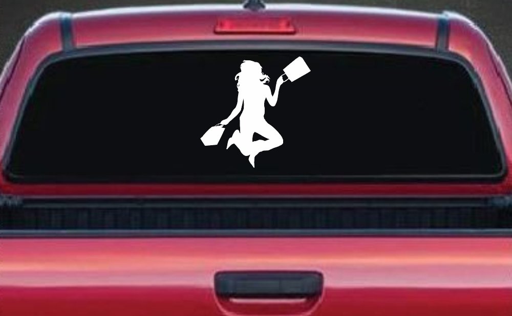 Happy Jumping Girl Woman Shopping Car or Truck Window Decal Sticker (White)