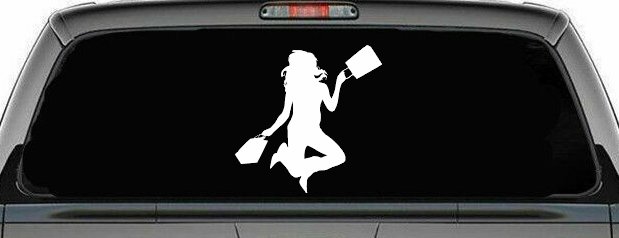 Happy Jumping Girl Woman Shopping Car or Truck Window Decal Sticker (White)