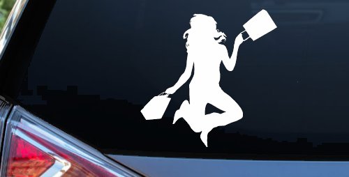 Happy Jumping Girl Decal for Car or Truck Window - Fun Vinyl Sticker (White)