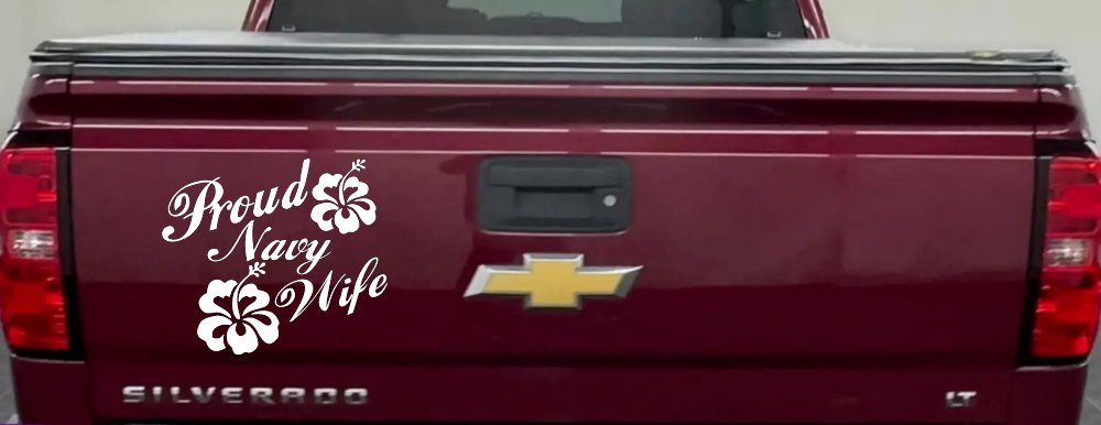 Proud Navy Wife Hibiscus Flowers Military Car or Truck Window Decal Sticker (White)
