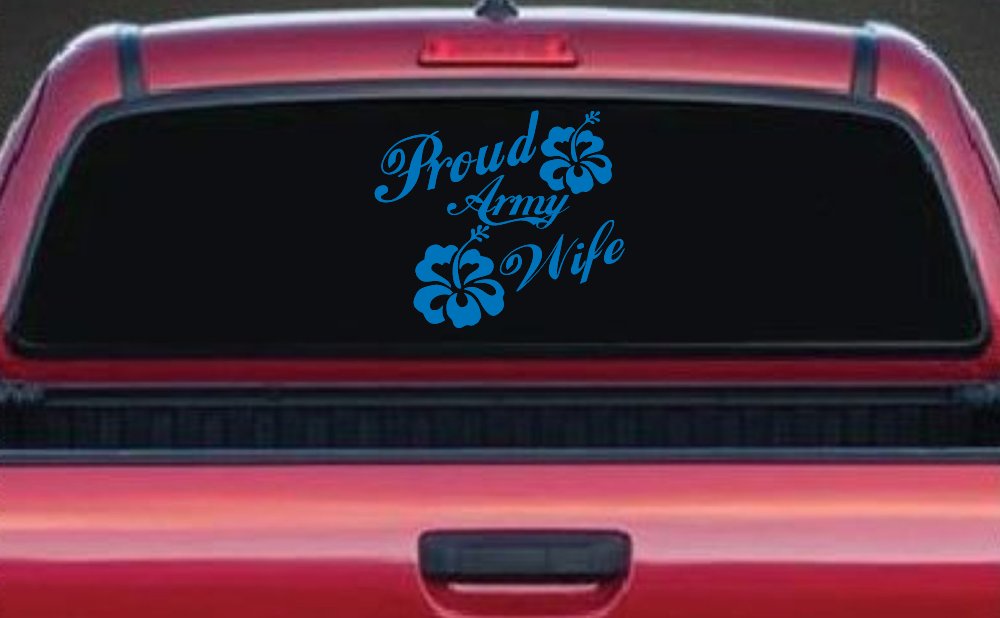 Proud Army Wife Hibiscus Flowers Military Car or Truck Window Decal Sticker (Sky Blue)