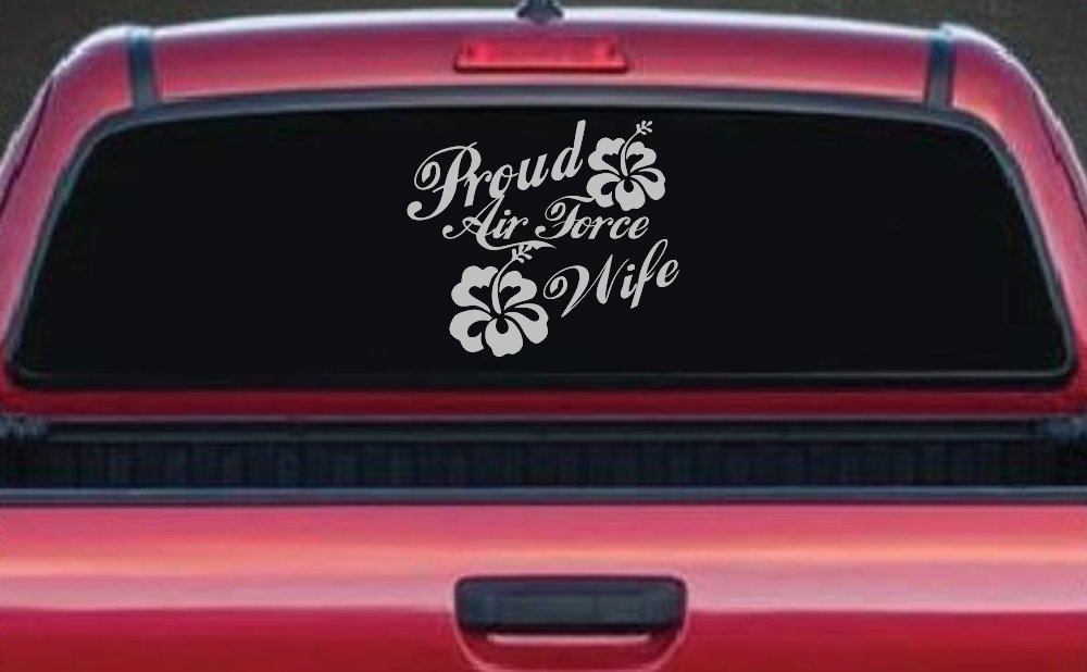 Proud Air Force Wife Hibiscus Flowers Military Car or Truck Window Decal Sticker (Light Gray)