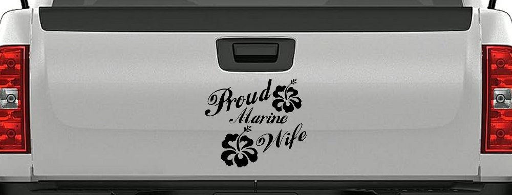 Proud Marine Wife Hibiscus Decal - Car Truck Window Vinyl Sticker (Black)