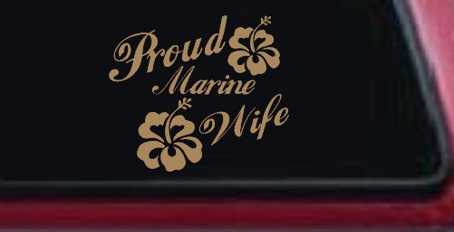 Proud Marine Wife Hibiscus Flowers Military Car or Truck Window Decal Sticker (Light Brown)